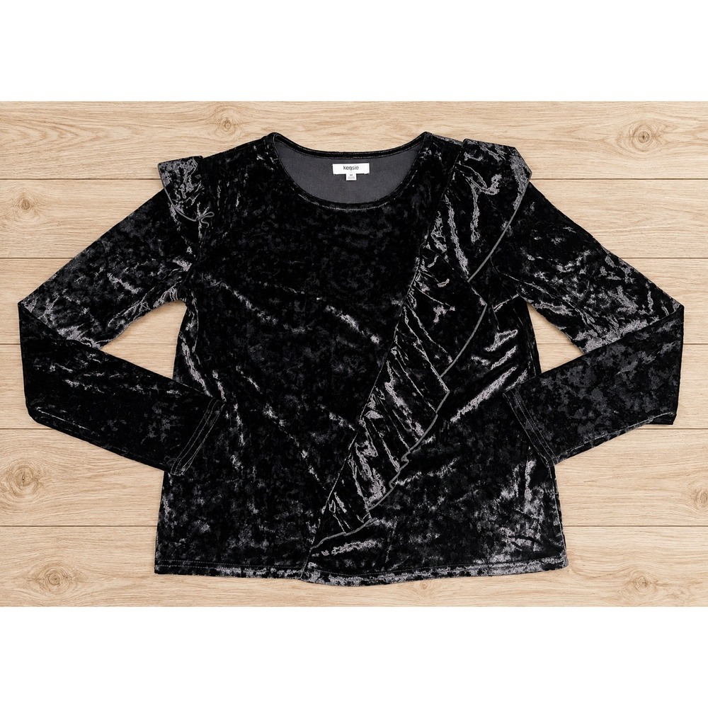 Kensie Jeans Black Crushed Velvet Ruffle L/S Top Goth Party Victorian Romantic M